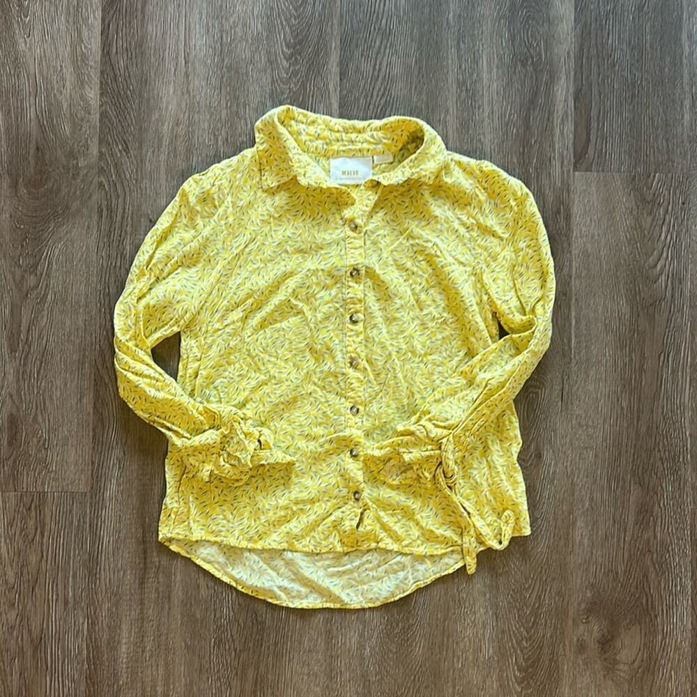 Anthropologie Maeve Blithe Tie Sleeve Buttondown Top Yellow Printed‎ Size 0